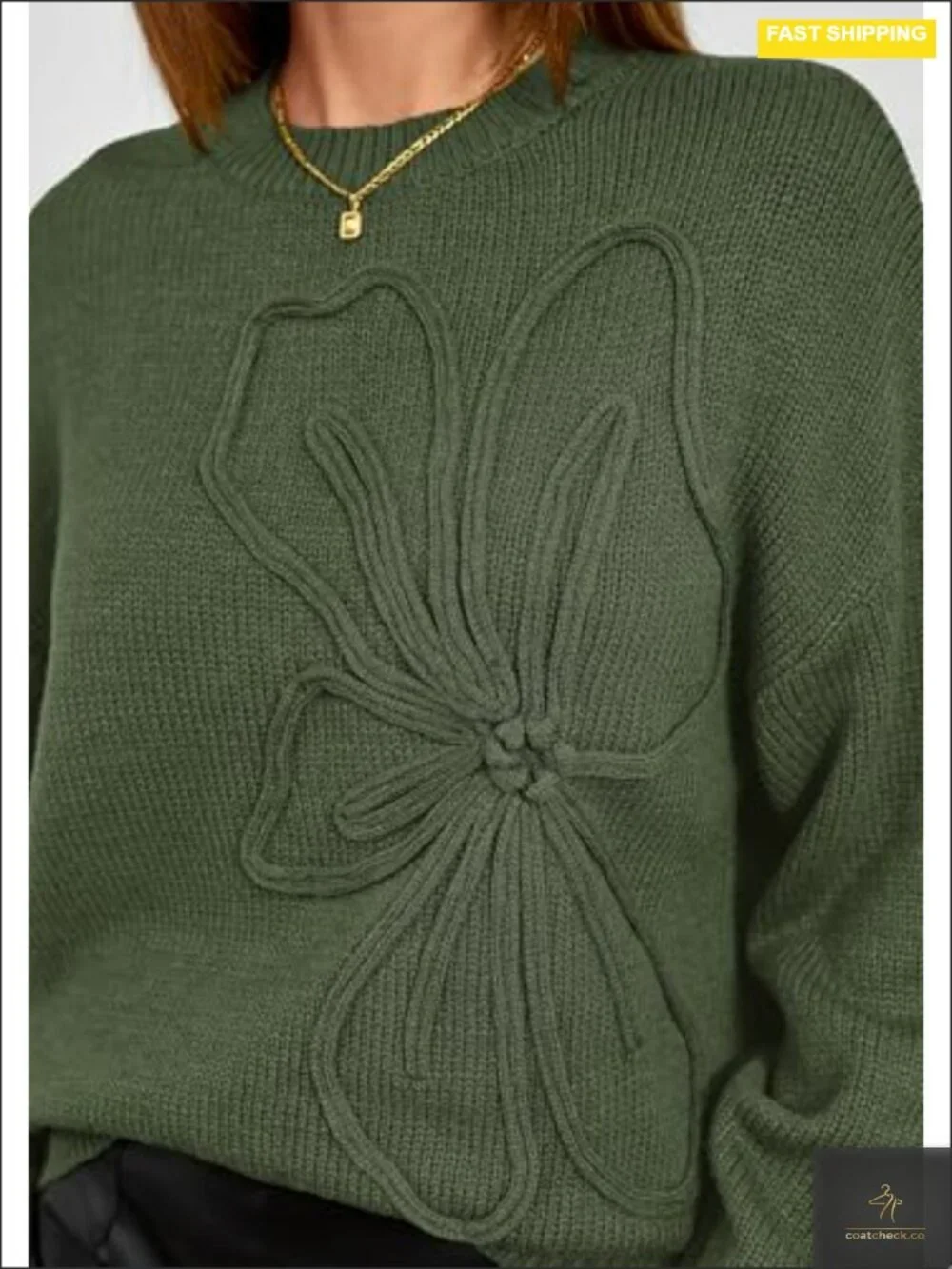 Oversized Floral Knit Pullover Sweater Long Lantern Sleeve Crewneck